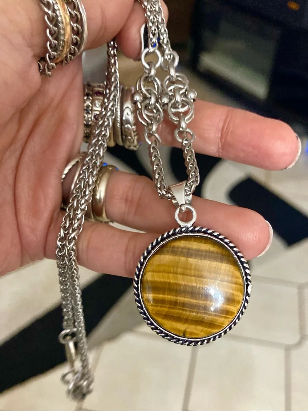 Golden brown tiger eye round gemstone charm Celtic knot steel necklace